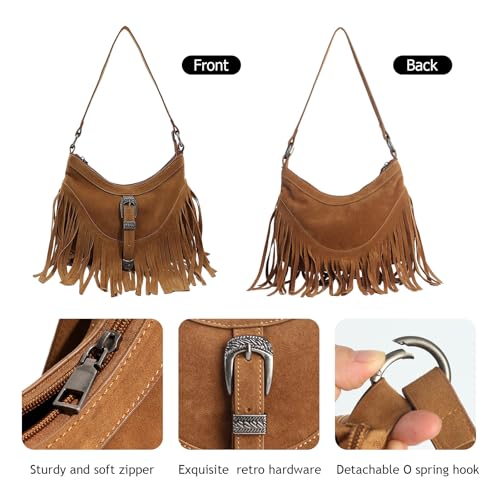 Fringe Hobo Purse for Women,Western Small Fringed Shoulder Bag Vegan Suede Hippie Crossbody Bag with Tassel - color: Brown