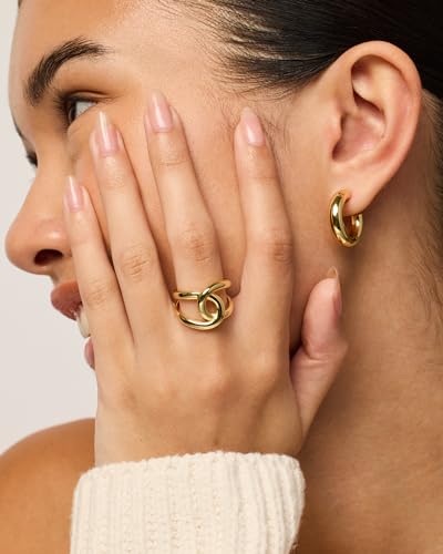 PAVOI 14K Gold Plated Chunky Interlock Statement Ring for Women | Interloop Band Thick Link Stackable Rings - color: Yellow Gold