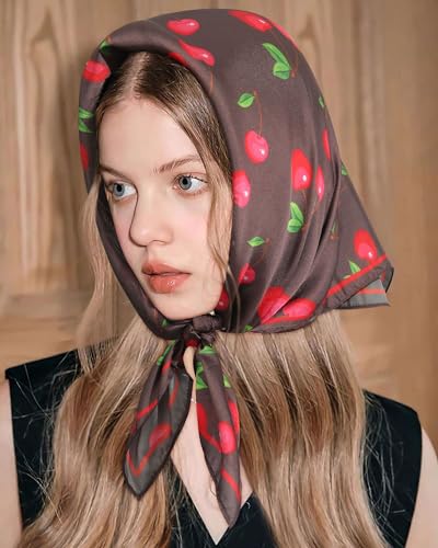 AWAYTR 27.5” Square Satin Head Scarf Hair Scarf for Women's Hair Silk Bandana for Women Silk Head Wrap for Sleeping - color: Brown+cherry
