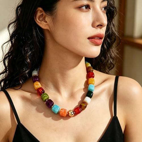 GAUEIOUR Summer Beach Jewelry Chunky Beaded Necklace for Women Boho Charm Jewelry Accessories Surfer Trendy Statement Big Colorful Resin Bead Vcation Choker Necklaces