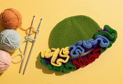 Handmade Crochet Bucket Hat for Women Boho Chic Slouchy Design Colorblock Ruffled Brim Festival&Daily Crochet Hat - color: Green Crown