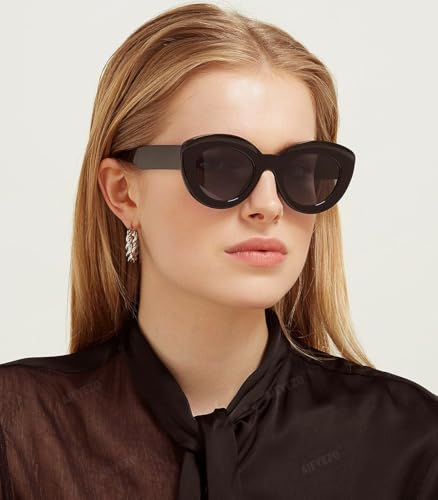 AIEYEZO Oversized Cat Eye Sunglasses for Women Cute Oval Thick Frame Cateye Sun Glasses Chic Retro Style Shades - color: 2 Set (Black + Green)