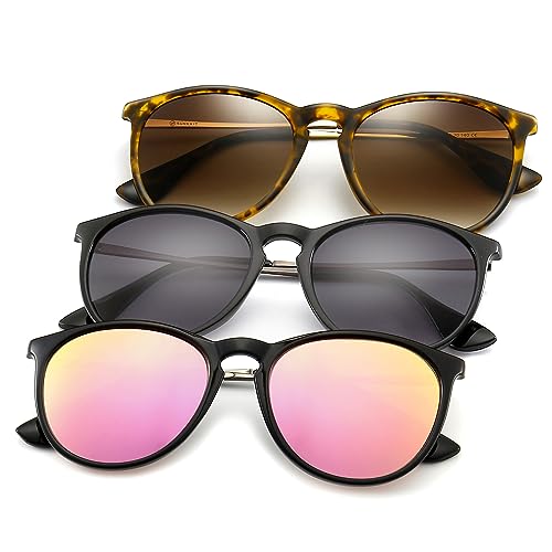 SUNGAIT Premium Vintage Round Sunglasses for Women Men Classic Retro Trendy Style - color: 3 Pack (Polarized): Matte Amber/Brown Gradient+matte Black/Gray Gradient+glossy Black/Sakura Pink