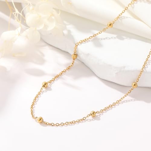 NONAMOIS Gold Chain Necklace for Women Dainty 18K Gold Plated Thin Satellite Beaded Turquoise Necklace Simple Layered Boho Jewelry Christmas Gifts - color: Beaded-Gold