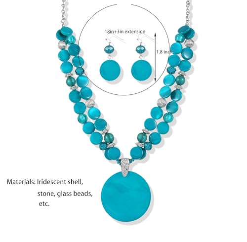 Layered Beads Statement Fashion Necklace Chunky Jewelry Set Big Colorful Glass Stone Circle Shell Pendant Choker Necklace and Earring Set for Women - color: teal green