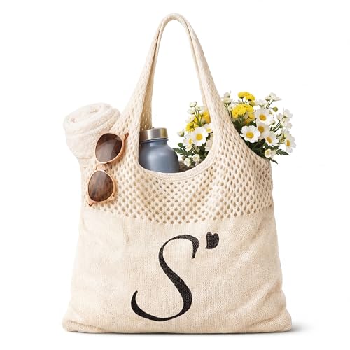 Shinylin Personalized Crochet Tote Bag for Beach Women Beige Mesh Knit Shoulder Bag Boho Aesthetic Tote for Women - style: Letter S