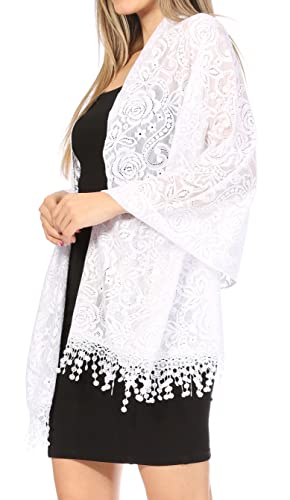 Sakkas Mari Women's Large Lightweight Soft Lace Scarf Wrap Shawl Floral and Fringe - color: Style10-white