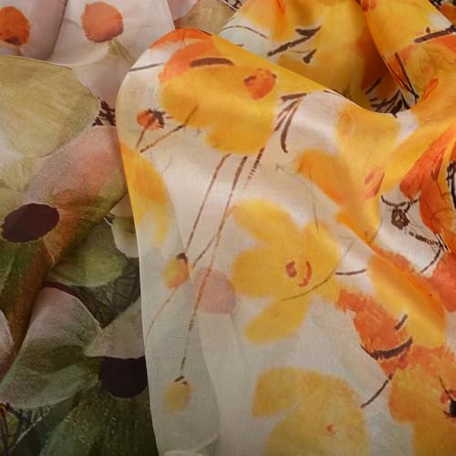 100% Mulberry Silk Women's Neck Silk Scarf-Lightweight Shawl,FLoral Print Beach Silk Wrap-Scarves for Photography - color: Yellow Green Red Floral