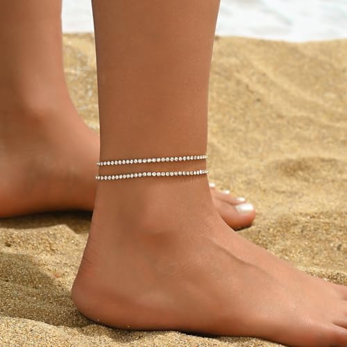 Anklet Bracelets for Women 18K Gold Plated Tennis Anklets Dainty Sapphire Paperclip Pearl Sequin Droplet Adjustable Large Anklet Bracelets Simple Beach Summer Waterproof Foot Jewelry - color: Layered Tennis-Gold