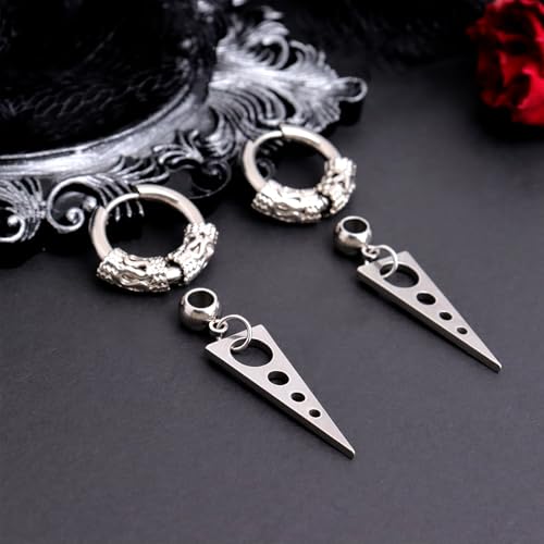 Sonateomber Gothic Silver Black Small Hoop Earrings for Women Men, Punk Hip Hop Engrave Beaded Goth Dangle Drop Earings Halloween Costumes Accessories Prom Fashion Jewelry Gift - color: Silver Triangle