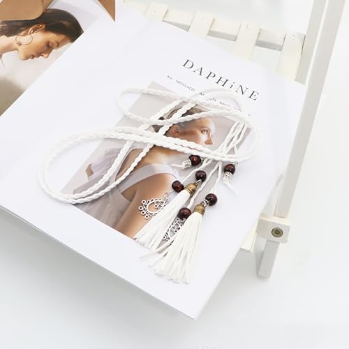 Women's Waist Belts Woven Tassels Chain Belt Skinny Rope Belt for Skirt Dress Boho Style - color: White