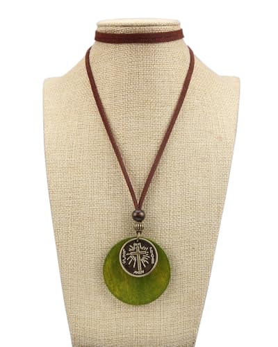 PU Leather Necklace Vintage Boho Style Multilayer Pendant Long Sweater Necklace Jewelry for Women Men with Adjustable Leather Cord - color: Green Round Cross Wood Necklace