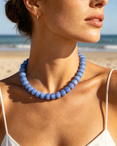 Chunky Beaded Statement Necklace for Women Trendy Colorful Boho Resin Bead Choker Necklaces Summer Handmade Jewelry Gifts Accessories - color: Blue - 1