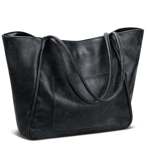KKXIU Large Tote Bag for Women with Zipper Work Leather Travel Purse and Handbags - color: Black02