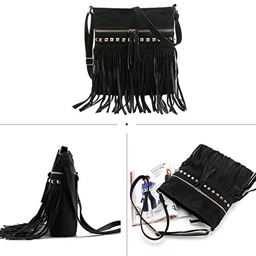 Hoce Women’s Leather Fringe Messenger Bag Large Hobo Crossbody Tassel Shoulder Bags, Gift for Mom Wife Girlfriend - color: E-black