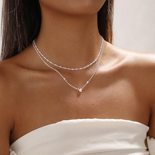 Layered Gold Necklace for Women Trendy 14K Gold Plated Heart CZ Pendant Layered Gold Necklaces Set Coin Choker Necklaces Simple Circle Cubic Zirconia Pearl Necklace Stack Herringbone Paperclip Chain Jewelry Set - style: 2PCS-Dotchain zircon-SL