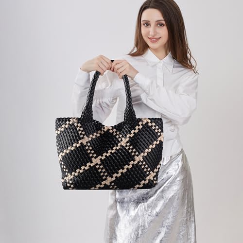 Woven Tote Bag Womens Purse Vegan Leather Shoulder Handbags Fashion Summer Beach Tote Bags Large Travel Totes - color: Black-a