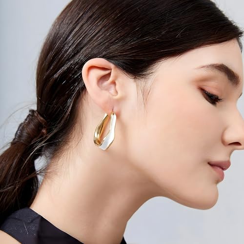 Chunky Hoop Earrings for Women Thick Minimalist Geometric Huggie Hoop Earrings Dainty Thick Y2K Preppy Earrings - style: irregular wave white
