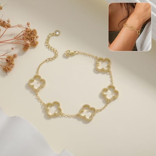 Dainty Silver Gold Bracelets for Women Trendy Non Tarnish 14K Gold Plated Cute Clover Bracelet Stackable Daisy Cubic Zirconia Diamond Charm Bracelet Stack Waterproof Jewelry Gifts - color: I- Gold Bracelet