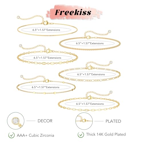Freekiss Gold Stack Bracelets for Women: Dainty Thin Bracelet Set Trendy 14K Gold Plated Waterproof Bracelets for Women Adjustable Tennis Beaded Figaro Rope Paperclip Box Link Bracelet Gold Jewelry - style: 6pcs rope lip-GD