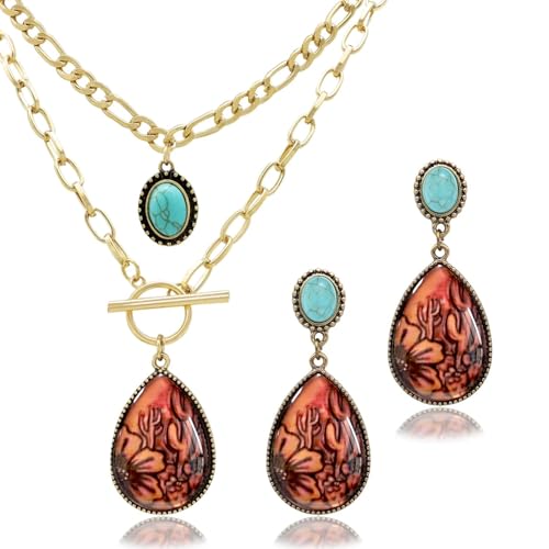 3 Pcs Western Turquoise Jewelry for Women Bohemian Set Cactus Turquoise Necklace Boho Dangle Earrings Country Concert Cowboy Chic Outfits for Women Jewelry Gifts Xmas Stocking Stuffers - color: Gold