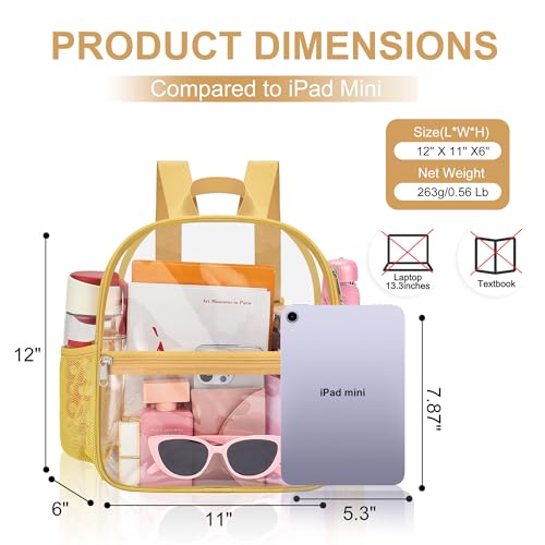 Oraben Clear Backpack Stadium Approved, 12 x 6 x 11 in, Small Transparent Backpack for Concerts, Sports Events, Festivals, Travel, Waterproof PVC, Adjustable Straps, Women Men - color: Gold, style: Nylon Shoulder Straps