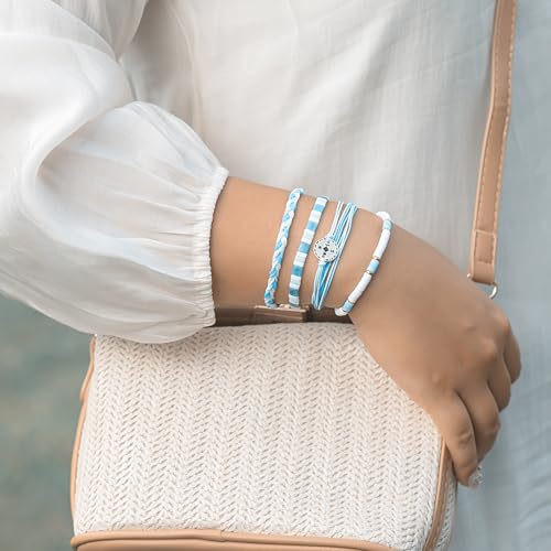 FANCY SHINY Boho Nautical Compass String Bracelets Beaded Clay Beads Bracelet Stackable Friendship Bracelets Summer Beach Outfits for Women Girls - color: Turquoise