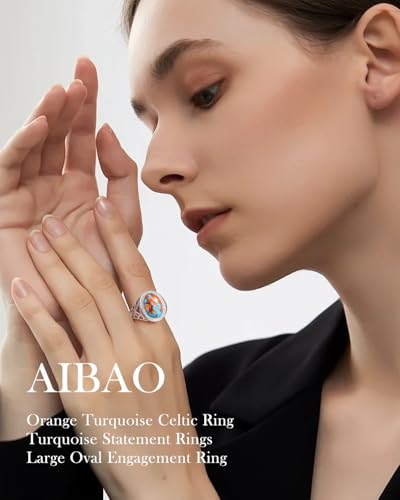 AIBAO 4-12 Ct Large Oval Engagement Rings for Women Natural Turquoise/Lapis Lazuli/Malachite Celtic/Infinity/Love Knot Halo Ring Size 6 to 10 Anniversary Christmas Valentines Gift - style: 4.3 Ct Orange Oyster Turquoise & Created White Sapphire