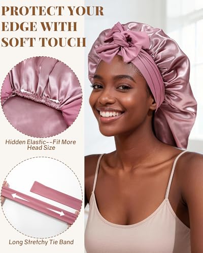 AWAYTR Long Satin Bonnet for Braids - Elastic Silk Hair Bonnets for Sleeping Night Cap Stretchy Tie Band for Women（Rose Gold） - color: Rose Gold