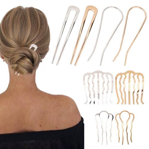French Hair Pin, 8 PCS Hair Pins for Women Metal Hair Side Combs, French Pins Hair, U Shaped Hair Pins for Buns Updos, French Pins Hair Stick Pin Hair Combs for Styling Hairpin Hair Accessories - color: Silver&Gold
