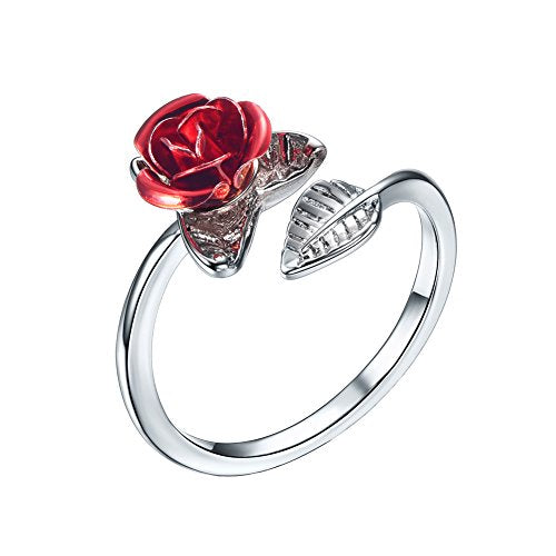 U7 Rose Flower Ring, Stackable Band Ring for Women Girls, Platinum Silver/Gold/Rose Gold Red Signet Rings Adjustable Fit Size 5 to 10 - color: Red Rose-Platinum