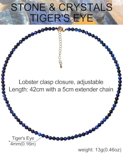 Simple Choker Necklace for Women Real Stone and Crystals Necklaces 4mm Beaded Choker Jewelry Meditation Gift for Women (16"+2") - style: Blue Tiger's Eye