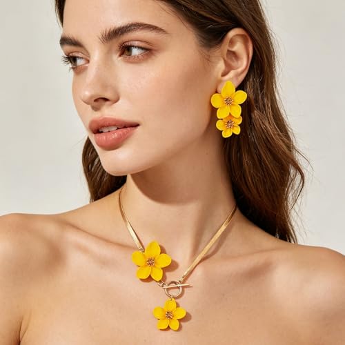 WCRAZYE Gold Flower Earrings Necklace Set for Women Boho Summer Daisy Floral Statement Earrings Brides Wedding Guest Dresses Jewelry - color: Yellow