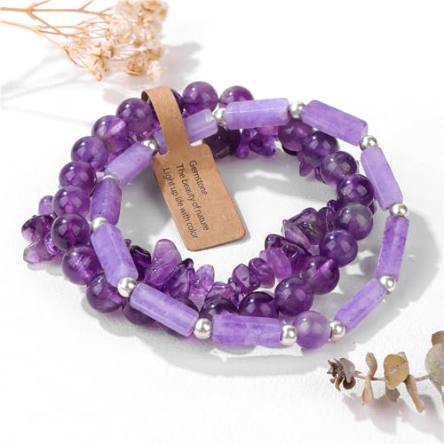 3Pcs Natural Stone Bracelets for Women 8mm Crystal Beaded Bracelets Handmade Stretch Bracelet Healing Crystal Jewelry for Women - style: Amethyst