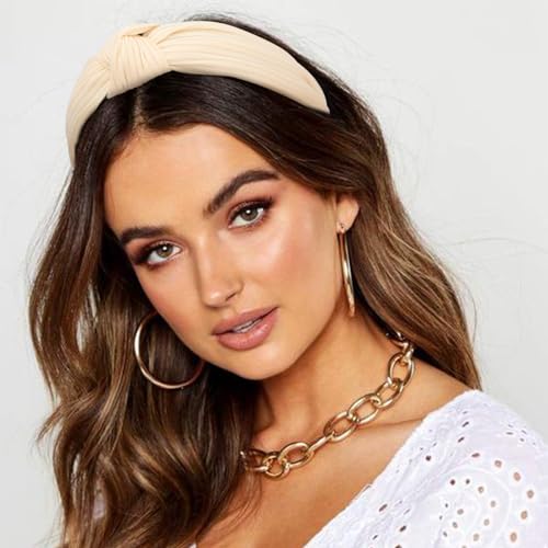 DRESHOW 4 Pack Knotted Headbands for Women Wide Turban Headband Yoga Exercise Ribbing Head Wraps Hair Bands Accessories - color: 4 Pack: Black, Beige, Light Brown, Sky Blue
