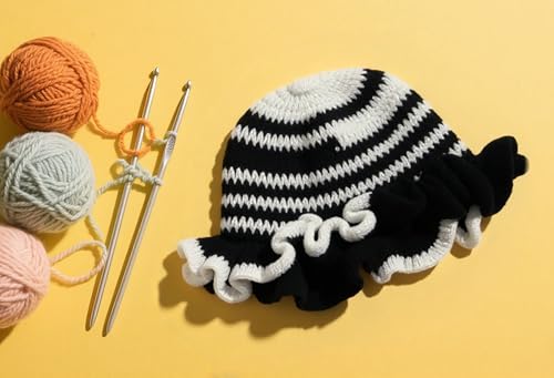 Handmade Crochet Bucket Hat for Women Boho Chic Slouchy Design Colorblock Ruffled Brim Festival&Daily Crochet Hat - color: Black and White Stripe