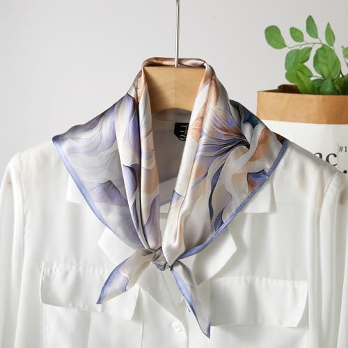 100% Mulberry Silk Neck Scarf 21''x21'' Small Square Hair Scarf for Women Men Lightweight Bandana Envelope Package - color: Big Flower-purple