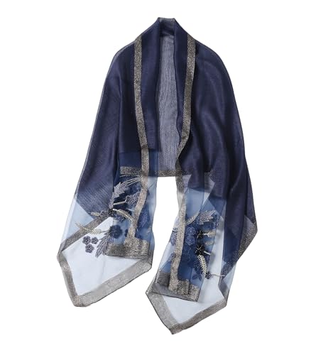 Jeelow Silk Blend Floral Fashion Scarf Shawl Wrap Lightweight Sheer For Women Floral Embroidery Wedding Party Prom - color: Blue Graffiti