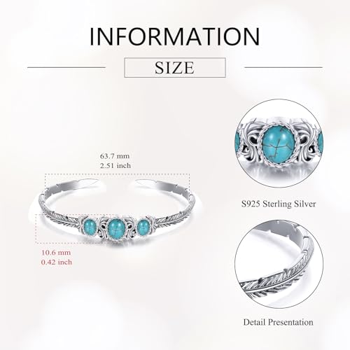 Genuine Turquoise Bracelet Cuff Bracelet for Women Mom 925 Sterling Silver Natural Turquoise Bangles Vintage Bracelet Boho Jewelry for Birthday Christmas Mother's Day Valentine's Day - style: Feather 2