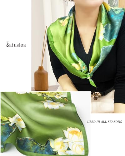 Saiusloa Neck Scarf For Womens Silky Head Scarves Hair Bandanas Square Scarf Fashion Accessories lightweight - color: 13-green Lotus Pond