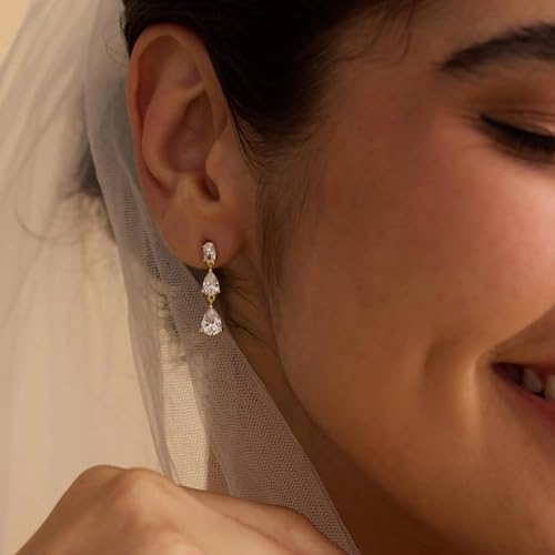 Pearl Earrings for Women, 14k Gold Plated Trendy Diamond Pearl Drop Earrings Hypoallergenic Dainty Bridal Gifts Wedding jewelry for Women - color: Teardrop-Gold