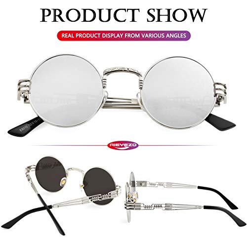 AIEYEZO Round Steampunk Sunglasses for Men Women Retro Circle Hippie Glasses Metal Frame 100% UV Blocking Lens - color: Silver/Silver Mirror