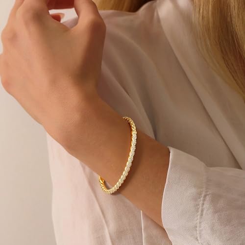 Turandoss Gold Bangle Bracelets for Women - Dainty 14K Gold Plated Tennis Bangle Bracelet Personalized Cubic Zirconia Oval Cuff Bracelets Jewelry Gifts - color: Half CZ Bangle - Twisted Tennis