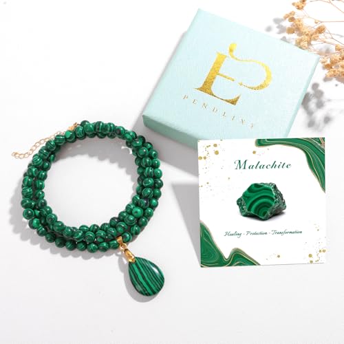 Healing Crystal Necklaces for Women Trendy Natural Stone Beaded Long Pendant Necklaces for Womens Handmade Bohemian Fashion Necklace Jewelry Gift - color: Malachite