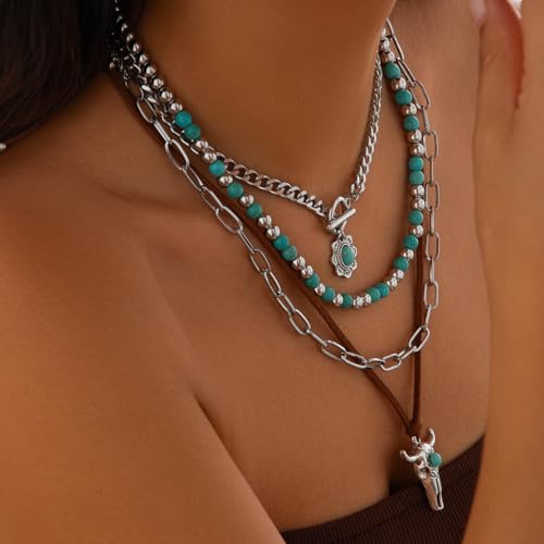 GIGB PBDK Boho Western Necklaces for Women,Turquoise Beaded Layered Necklaces Vintage Cow Cactus Pendant Choker Necklace Set,Cowgirl Jewelry Accessories Gifts - style: A2