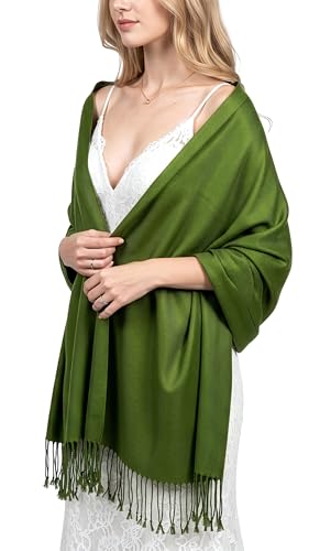 Achillea Lightweight Pashmina Scarf for Women – Soft Silky Shawl Wrap for Evening Dresses, Bridesmaids & Everyday Wear - color: Olive Green
