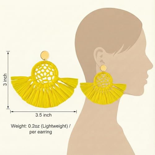 Boho Raffia Summer Beach Earrings for Women, Large Statement Dangle Drop, Lightweight Handmade Woven Fan Tassel Jewelry - color: Yellow