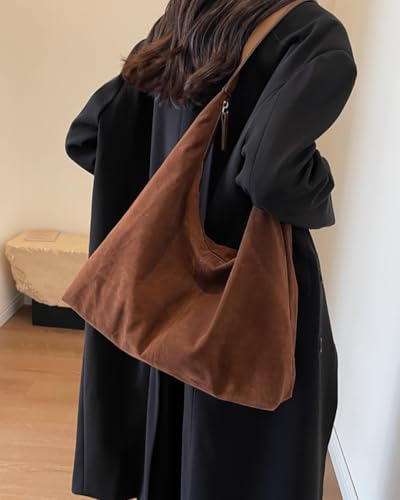 Womens Fashion Suede Shoulder Bags Large Tote Bag Retro Purse Handbag Casual Work Ladies Top Handle Satchel - color: B-brown