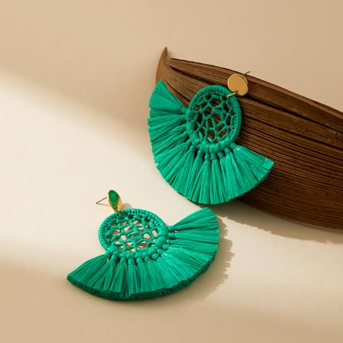 Boho Raffia Summer Beach Earrings for Women, Large Statement Dangle Drop, Lightweight Handmade Woven Fan Tassel Jewelry - color: Green