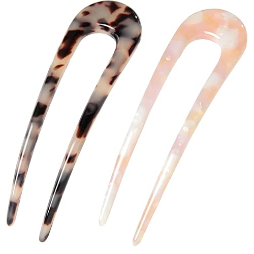 French Hair Pins Tortoise Shell French Hair Forks U Shaped French Pins 2 Prong Hair Sticks Acetate Chignon Pin for Women Hairstyle Accessories 2 Pack - color: u pins hair 2 pack